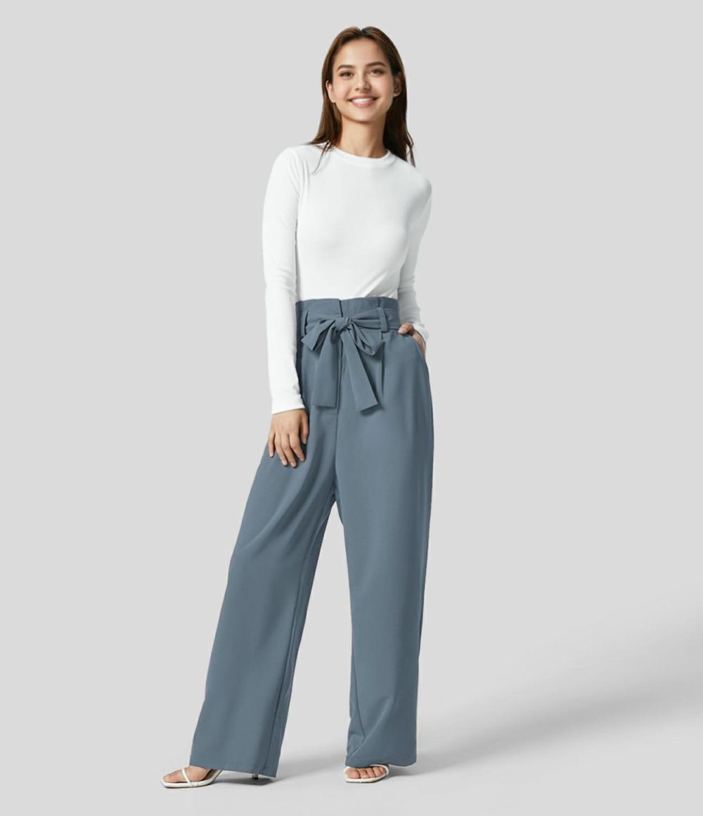 Paper Bag High Waisted Belted Side Pocket Wide Leg Work Suit Pants  | Womens  Active Work Pants Active Work Pants Active Work Pants