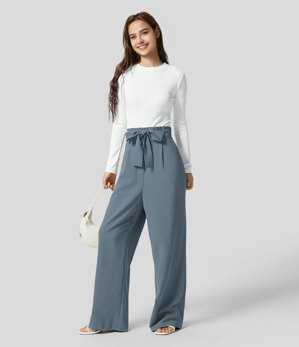 Paper Bag High Waisted Belted Side Pocket Wide Leg Work Suit Pants  | Womens  Active Work Pants Active Work Pants Active Work Pants