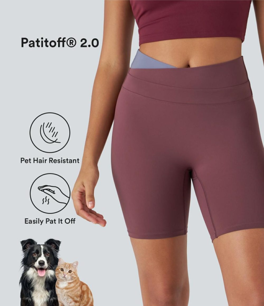 Patitoff® 2.0 Pet Hair Resistant High Waisted Crossover Color Block Yoga Biker Shorts 7”  | Womens  Crossover Shorts Clothing Crossover Shorts