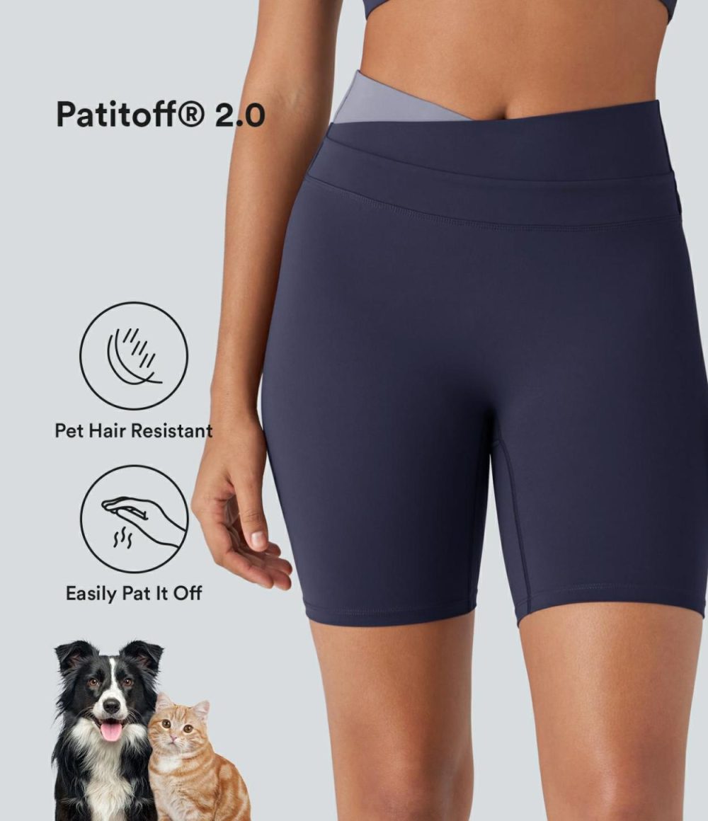 Patitoff® 2.0 Pet Hair Resistant High Waisted Crossover Color Block Yoga Biker Shorts 7”  | Womens  Crossover Shorts Clothing Crossover Shorts