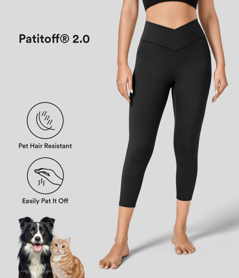 Patitoff® 2.0 Pet Hair Resistant High Waisted Crossover Side Pocket Capri Yoga Leggings  | Womens  Crossover Leggings Clothing Black/Light Gray Plum Purple