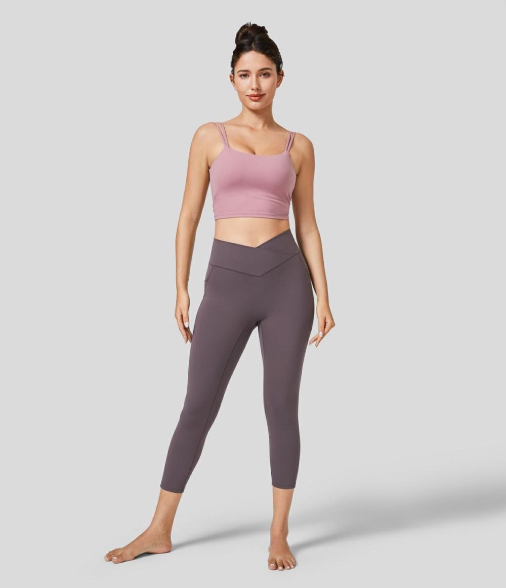 Patitoff® 2.0 Pet Hair Resistant High Waisted Crossover Side Pocket Capri Yoga Leggings  | Womens  Crossover Leggings Clothing Black/Light Gray Plum Purple