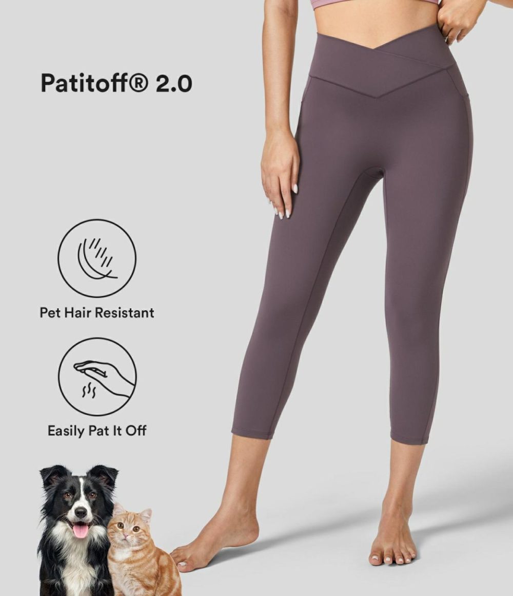 Patitoff® 2.0 Pet Hair Resistant High Waisted Crossover Side Pocket Capri Yoga Leggings  | Womens  Crossover Leggings Clothing Black/Light Gray Plum Purple