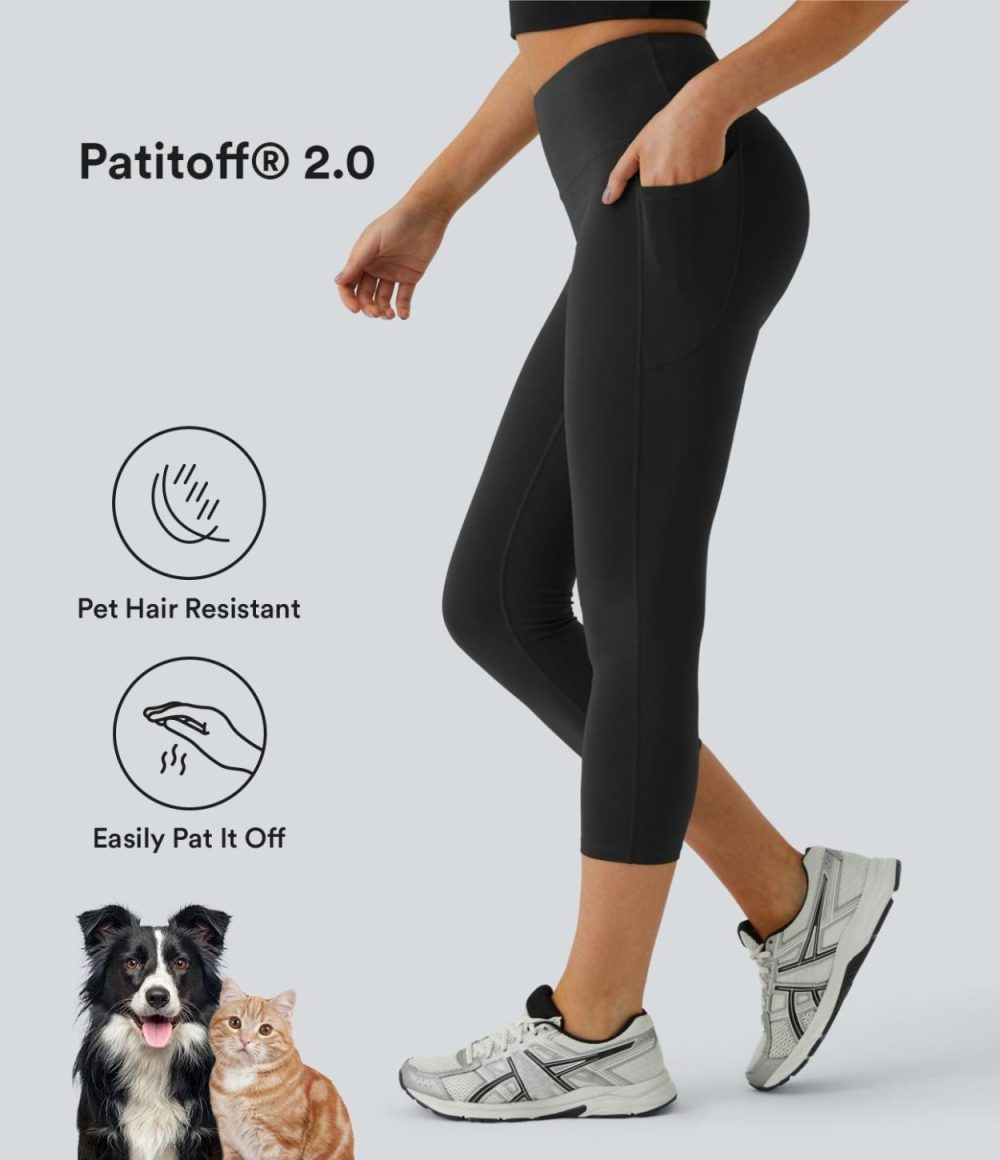 Patitoff® 2.0 Pet Hair Resistant High Waisted Side Pocket Capri Yoga Leggings  | Womens  Pocket Leggings Clothing Black/Washington Gray Green