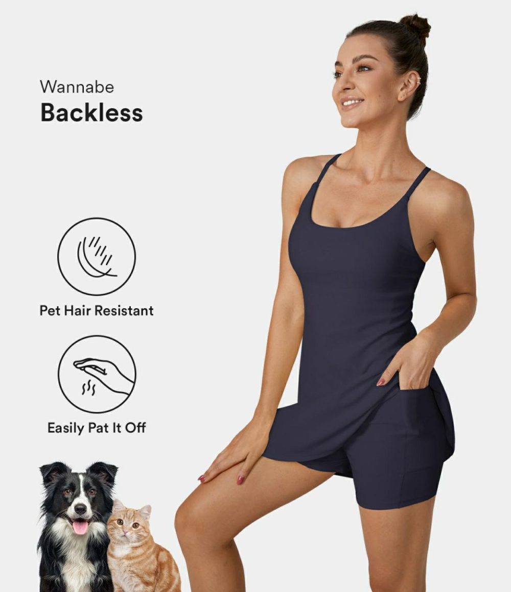 Patitoff® Flow Pet Hair Resistant Backless Crisscross 2-in-1 Pocket Flare Dance Active Dress  | Womens  Active Dresses Active Dresses Active Dresses