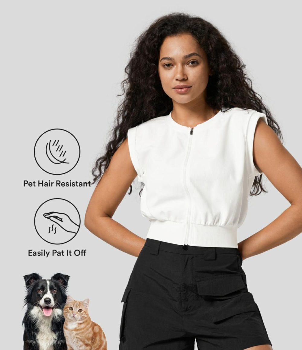 Patitoff® Flow Pet Hair Resistant Crew Neck Zipper Cropped Yoga Vest Jacket  | Womens  Cropped Tops Clothing Cropped Tops