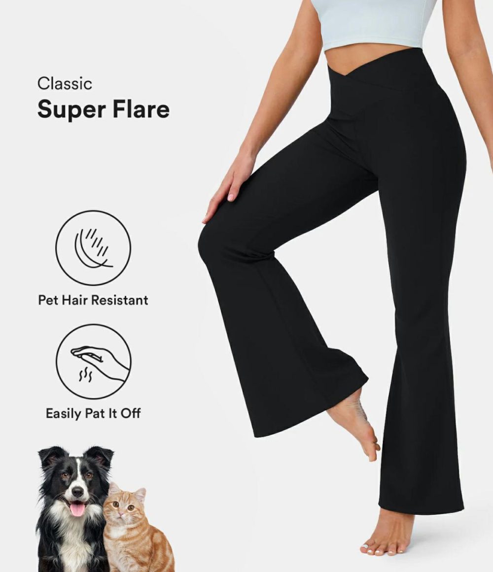 Patitoff® Flow Pet Hair Resistant Crossover High Waisted Back Pocket Super Flare Leggings  | Womens  Flare Leggings Clothing Black/Inkling/Green Pine/Desert Rose/Deep Ocean Blue