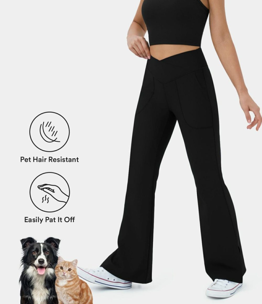 Patitoff® Flow Pet Hair Resistant Crossover Pocket Split Hem Yoga Flare Leggings-Smile  | Womens  Flare Leggings Clothing Black/Steel Gray/Inkling