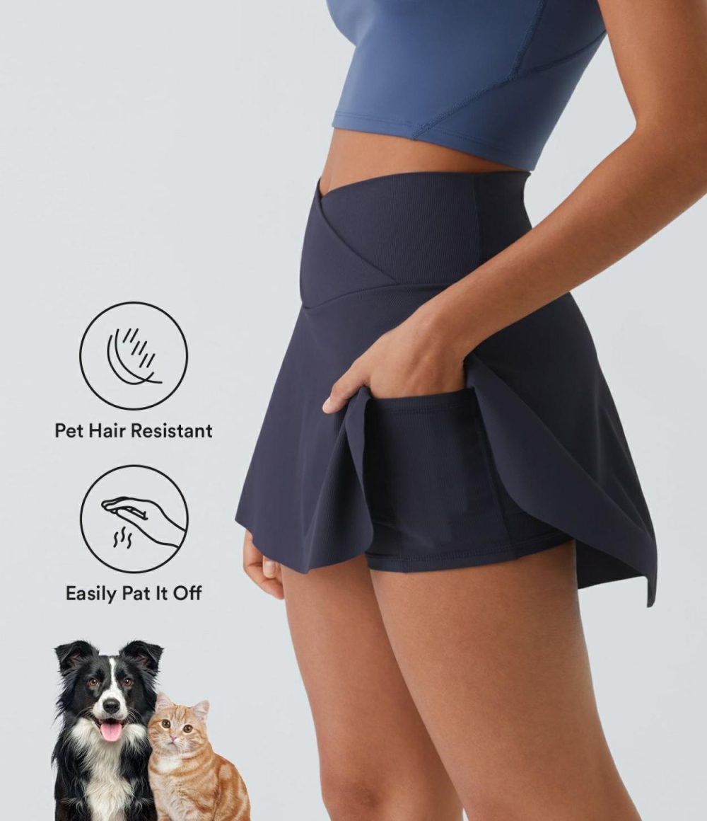 Patitoff® Flow Pet Hair Resistant Crossover Side Pocket 2-in-1 Activity Skirt-Lucid  | Womens  Mini Skirts Clothing Inkling/Deep Ocean Blue/White/Black/Desert Rose/Green Pine