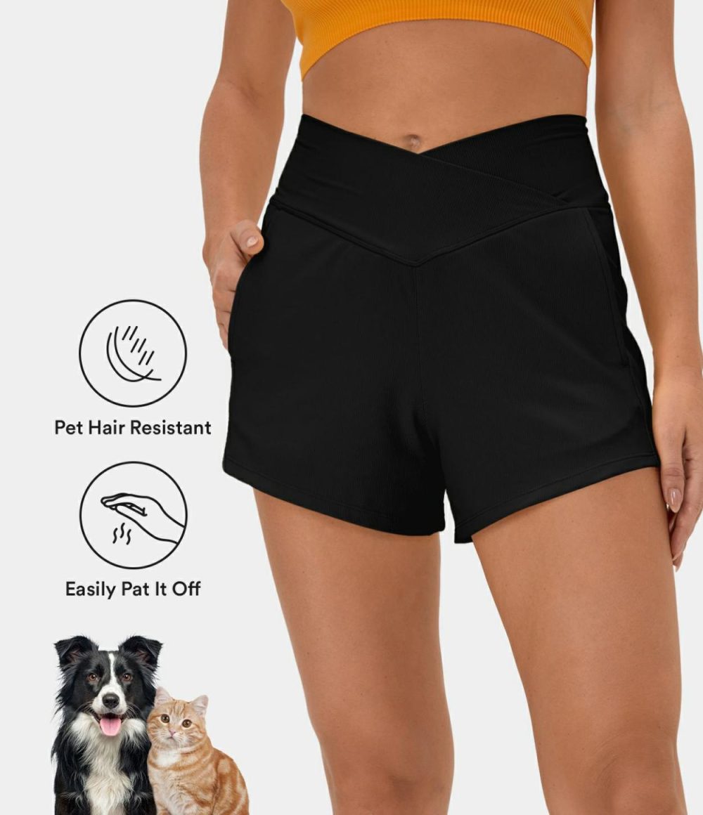 Patitoff® Flow Pet Hair Resistant Crossover Side Pocket Shorts 4″  | Womens  Crossover Shorts Clothing Black/New Leaf Green