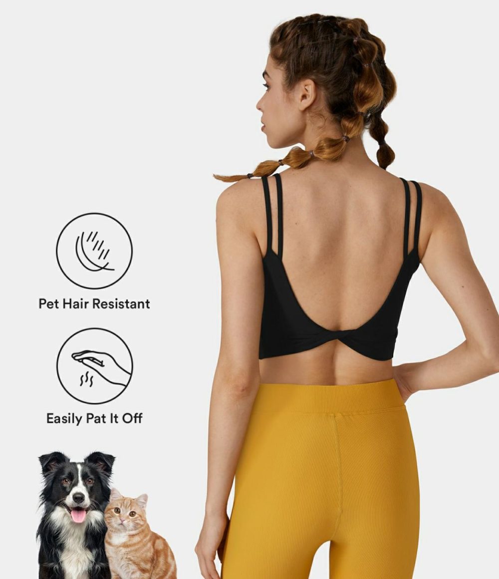 Patitoff® Flow Pet Hair Resistant Double Straps Backless Twisted Workout Cropped Tank Top  | Womens  Cropped Tops Clothing Black/White