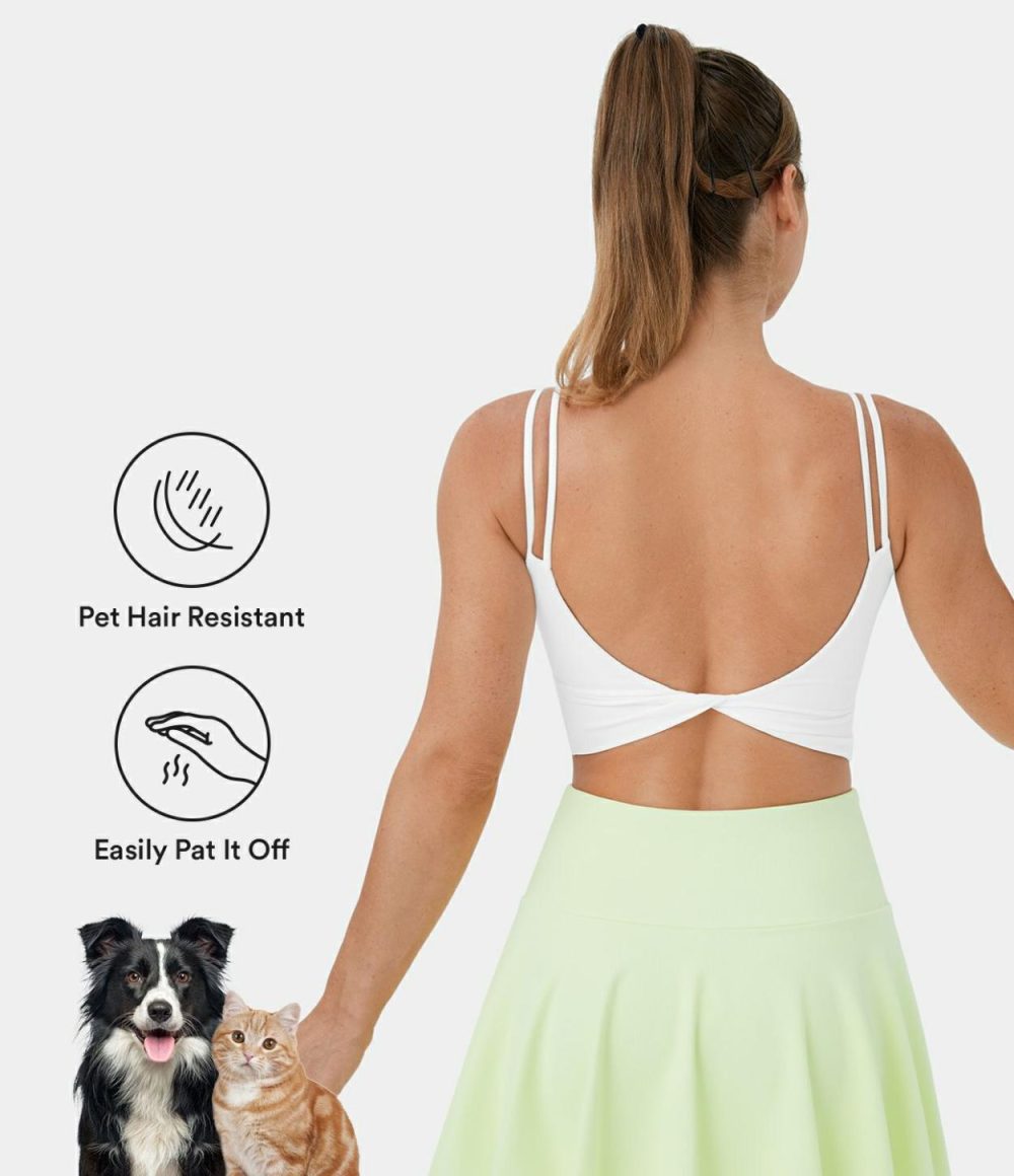 Patitoff® Flow Pet Hair Resistant Double Straps Backless Twisted Workout Cropped Tank Top  | Womens  Cropped Tops Clothing Black/White