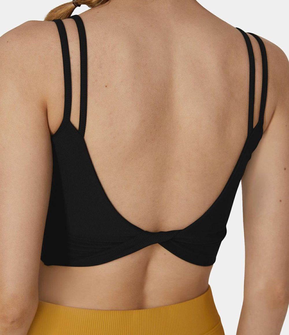 Patitoff® Flow Pet Hair Resistant Double Straps Backless Twisted Workout Cropped Tank Top  | Womens  Cropped Tops Clothing Black/White