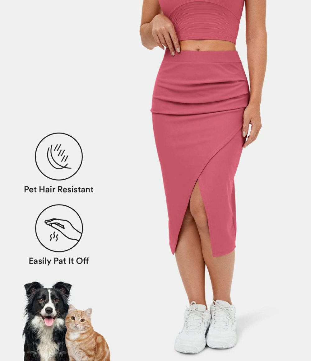 Patitoff® Flow Pet Hair Resistant Ruched Split Hem Bodycon Midi Casual Skirt  | Womens  Everyday Skirts Clothing Desert Rose/Black