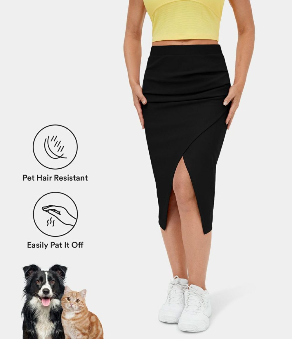 Patitoff® Flow Pet Hair Resistant Ruched Split Hem Bodycon Midi Casual Skirt  | Womens  Everyday Skirts Clothing Desert Rose/Black