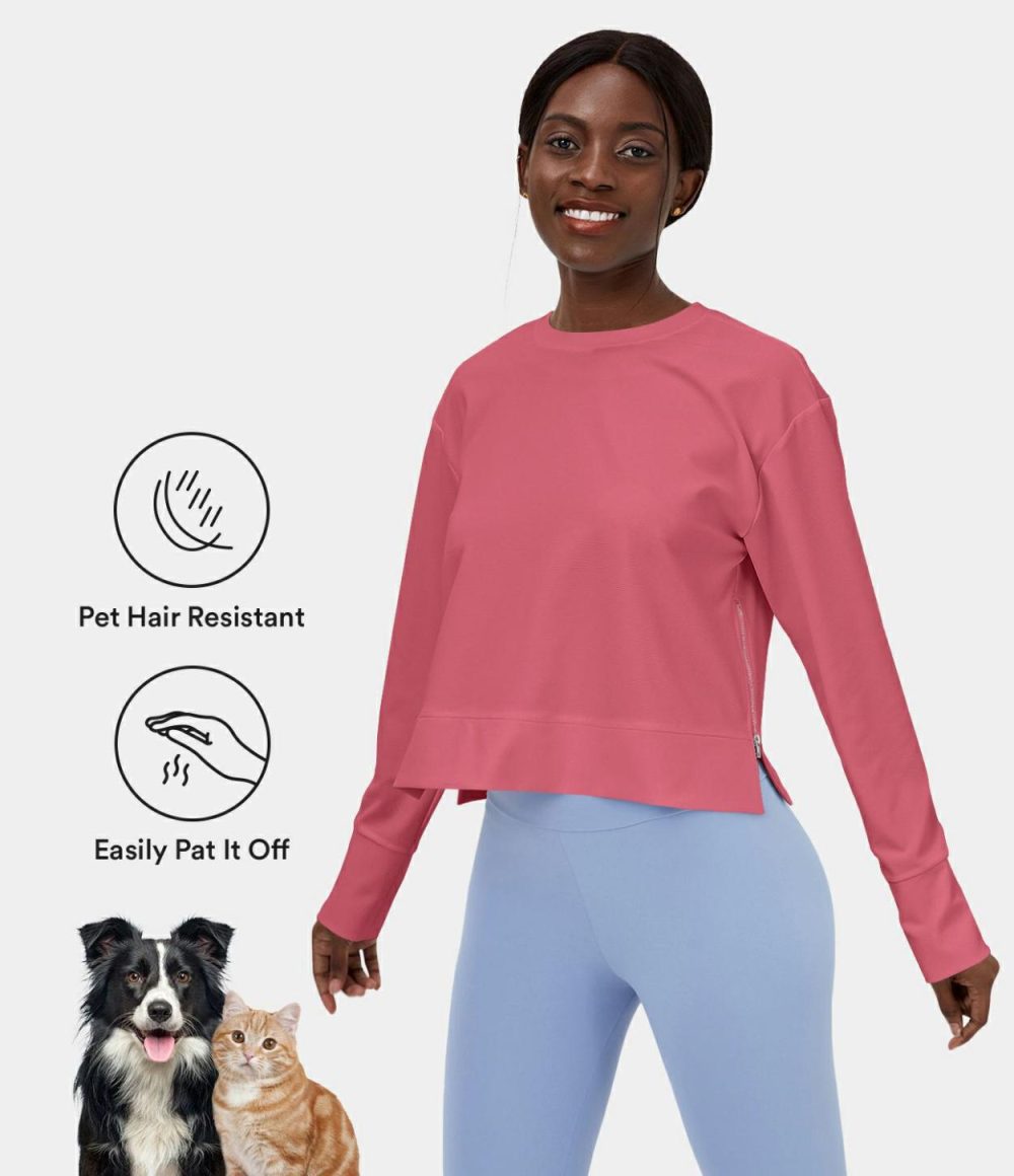 Patitoff® Flow Pet Hair Resistant Zipper Split Cropped Casual Sports Sweatshirt  | Womens  Long Sleeve Tops Clothing Desert Rose/Steel Gray/White