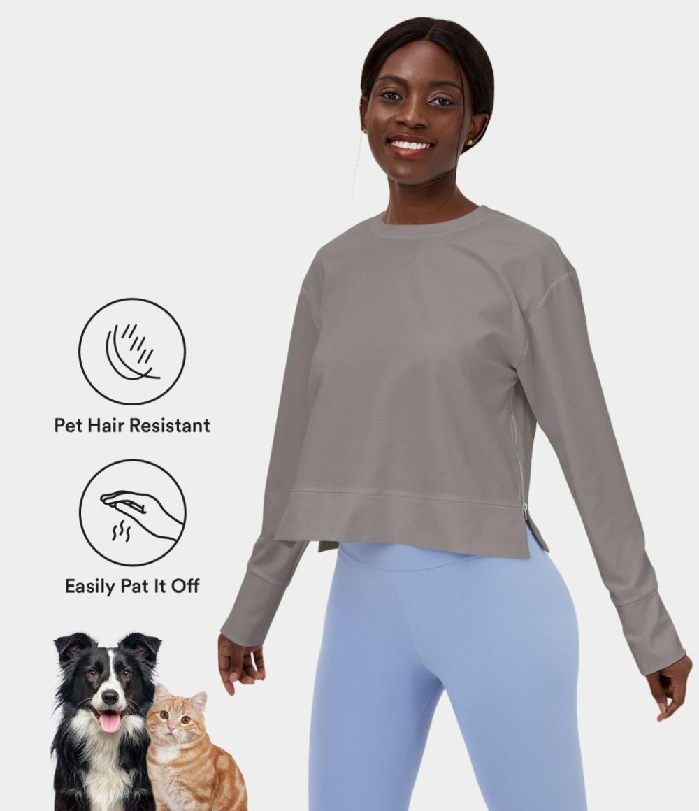 Patitoff® Flow Pet Hair Resistant Zipper Split Cropped Casual Sports Sweatshirt  | Womens  Long Sleeve Tops Clothing Desert Rose/Steel Gray/White