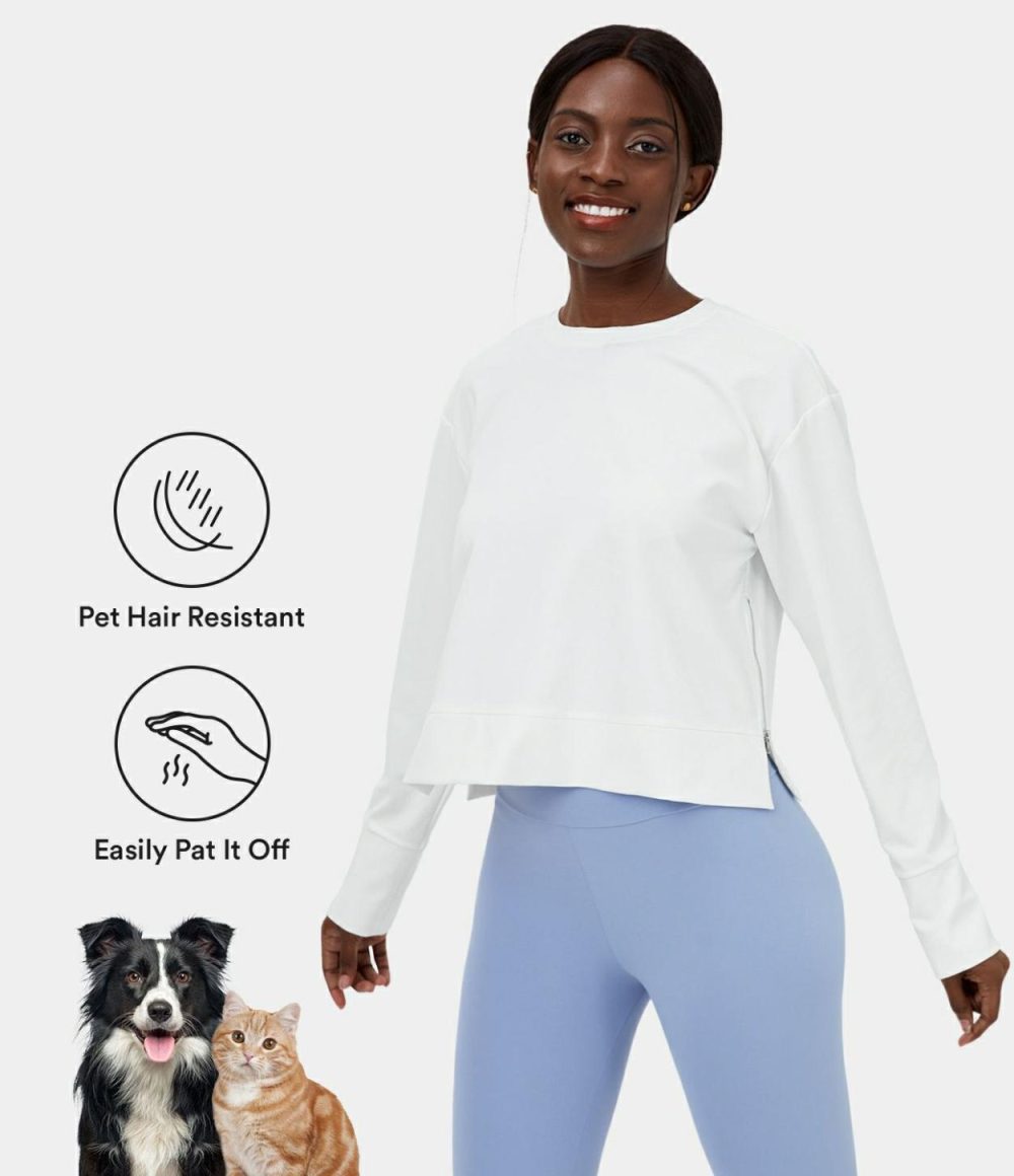 Patitoff® Flow Pet Hair Resistant Zipper Split Cropped Casual Sports Sweatshirt  | Womens  Long Sleeve Tops Clothing Desert Rose/Steel Gray/White