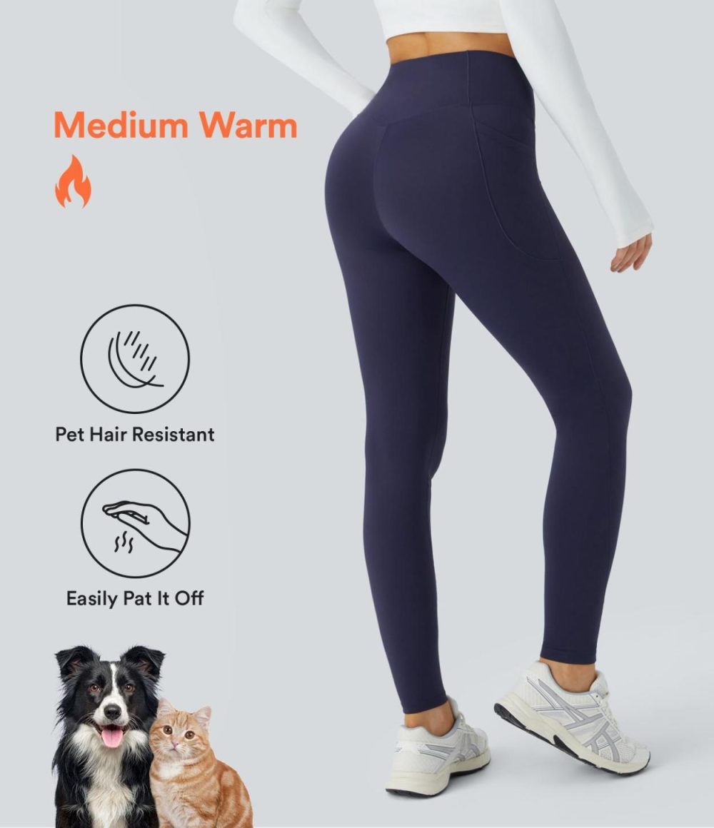 Patitoff® Pet Hair Resistant Fleece Crossover Side Pocket Casual Leggings  | Womens  Crossover Leggings Clothing Crossover Leggings