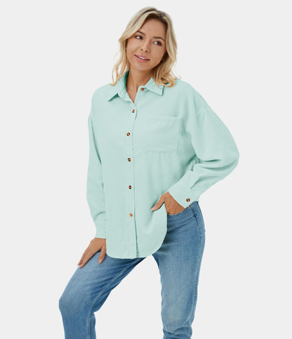 Plain Collared Button Pocket Corduroy Casual Jacket  | Womens  Long Sleeve Tops Clothing Long Sleeve Tops