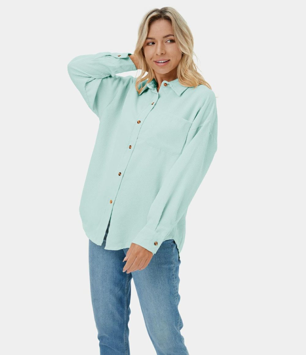 Plain Collared Button Pocket Corduroy Casual Jacket  | Womens  Long Sleeve Tops Clothing Long Sleeve Tops