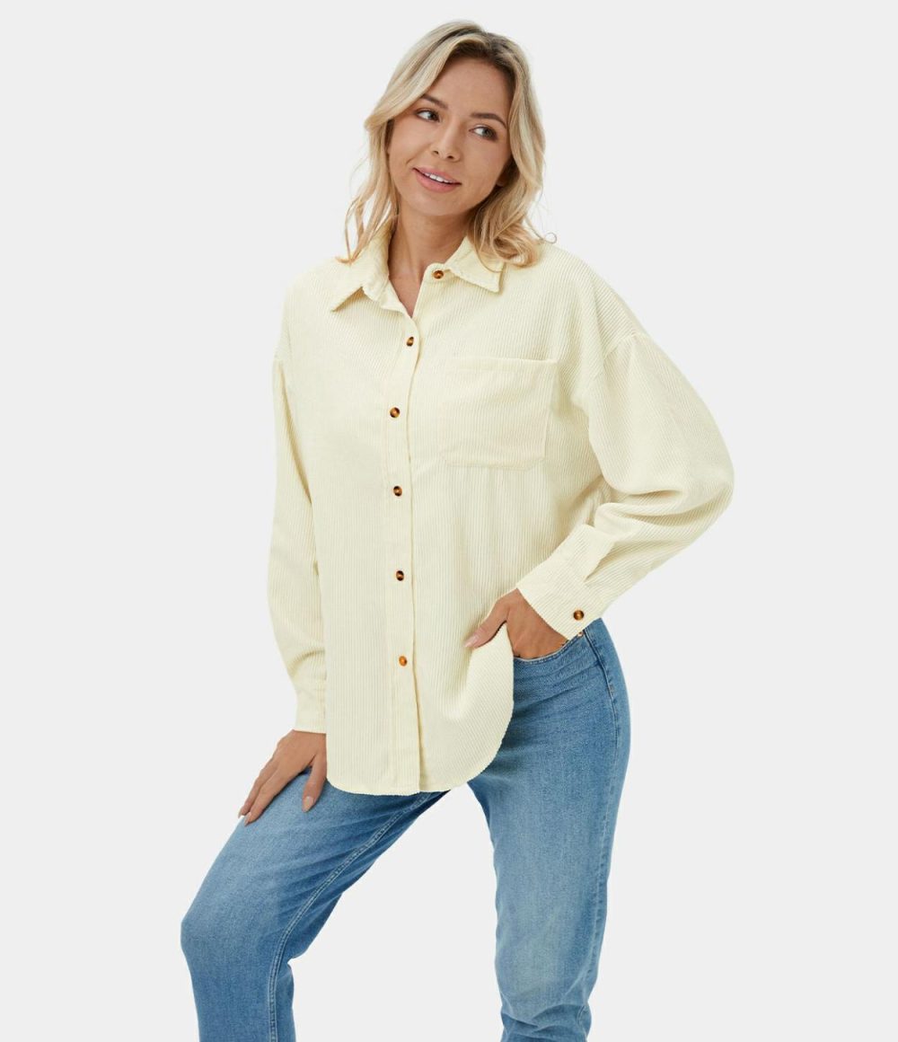 Plain Collared Button Pocket Corduroy Casual Jacket  | Womens  Long Sleeve Tops Clothing Long Sleeve Tops