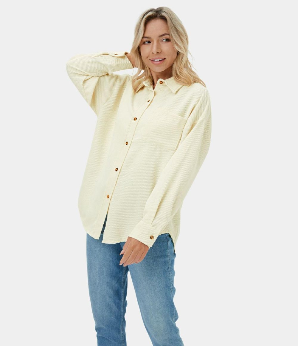 Plain Collared Button Pocket Corduroy Casual Jacket  | Womens  Long Sleeve Tops Clothing Long Sleeve Tops