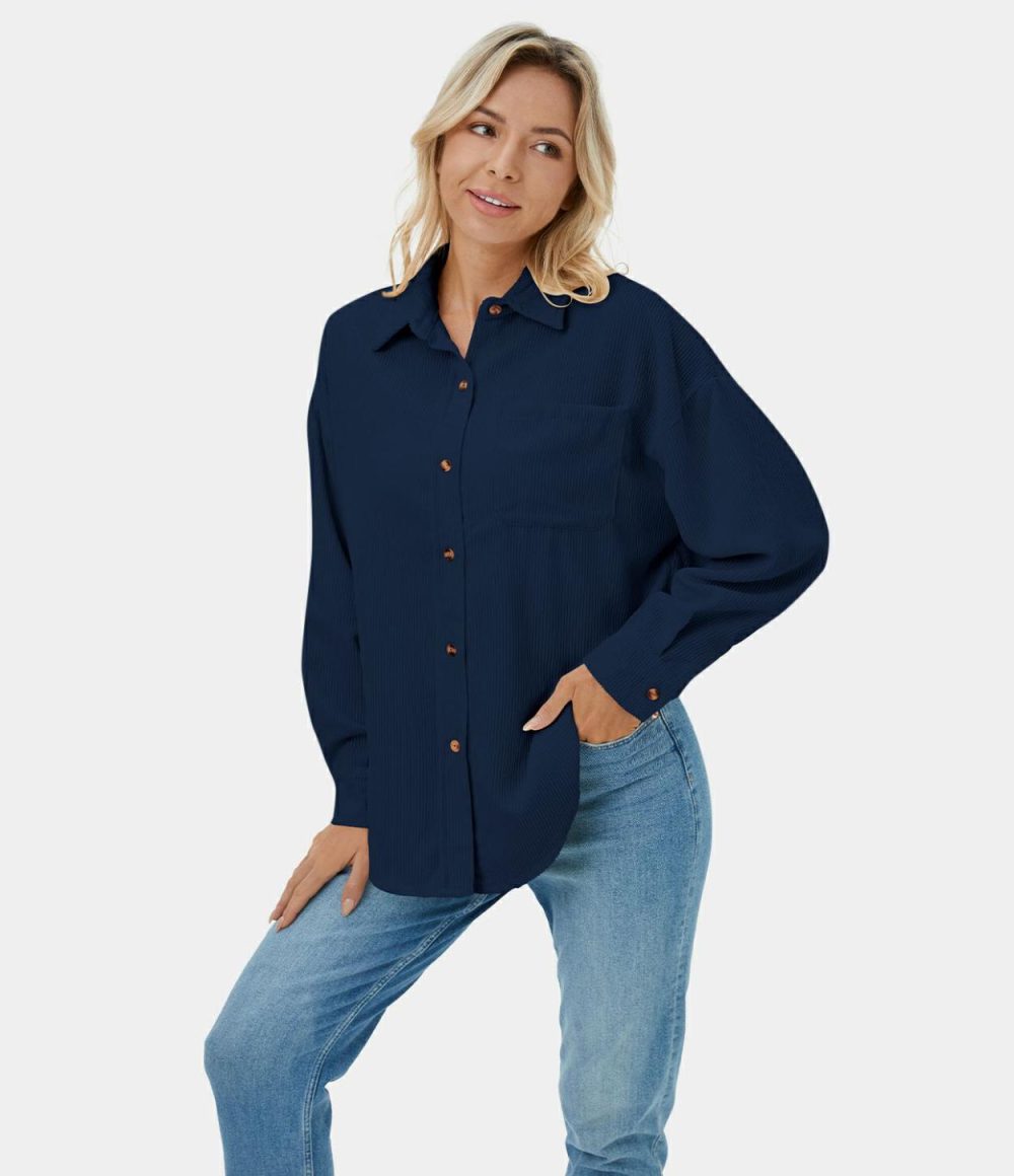 Plain Collared Button Pocket Corduroy Casual Jacket  | Womens  Long Sleeve Tops Clothing Long Sleeve Tops