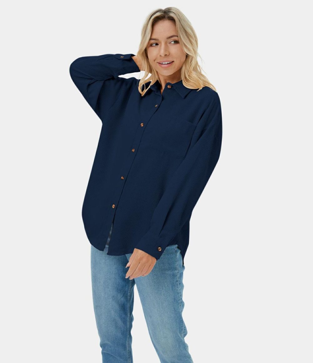 Plain Collared Button Pocket Corduroy Casual Jacket  | Womens  Long Sleeve Tops Clothing Long Sleeve Tops