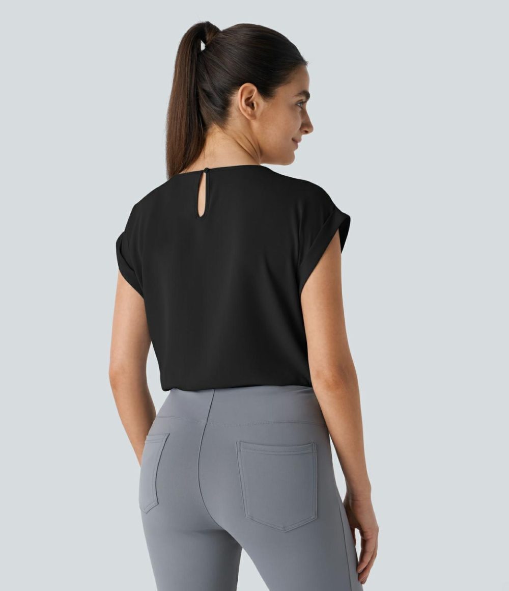 Plicated Button Keyhole Back Cap Sleeve Work Blouse  | Womens  T-Shirts Clothing Skyride/Black