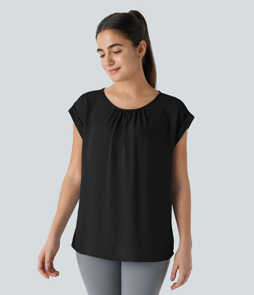 Plicated Button Keyhole Back Cap Sleeve Work Blouse  | Womens  T-Shirts Clothing Skyride/Black