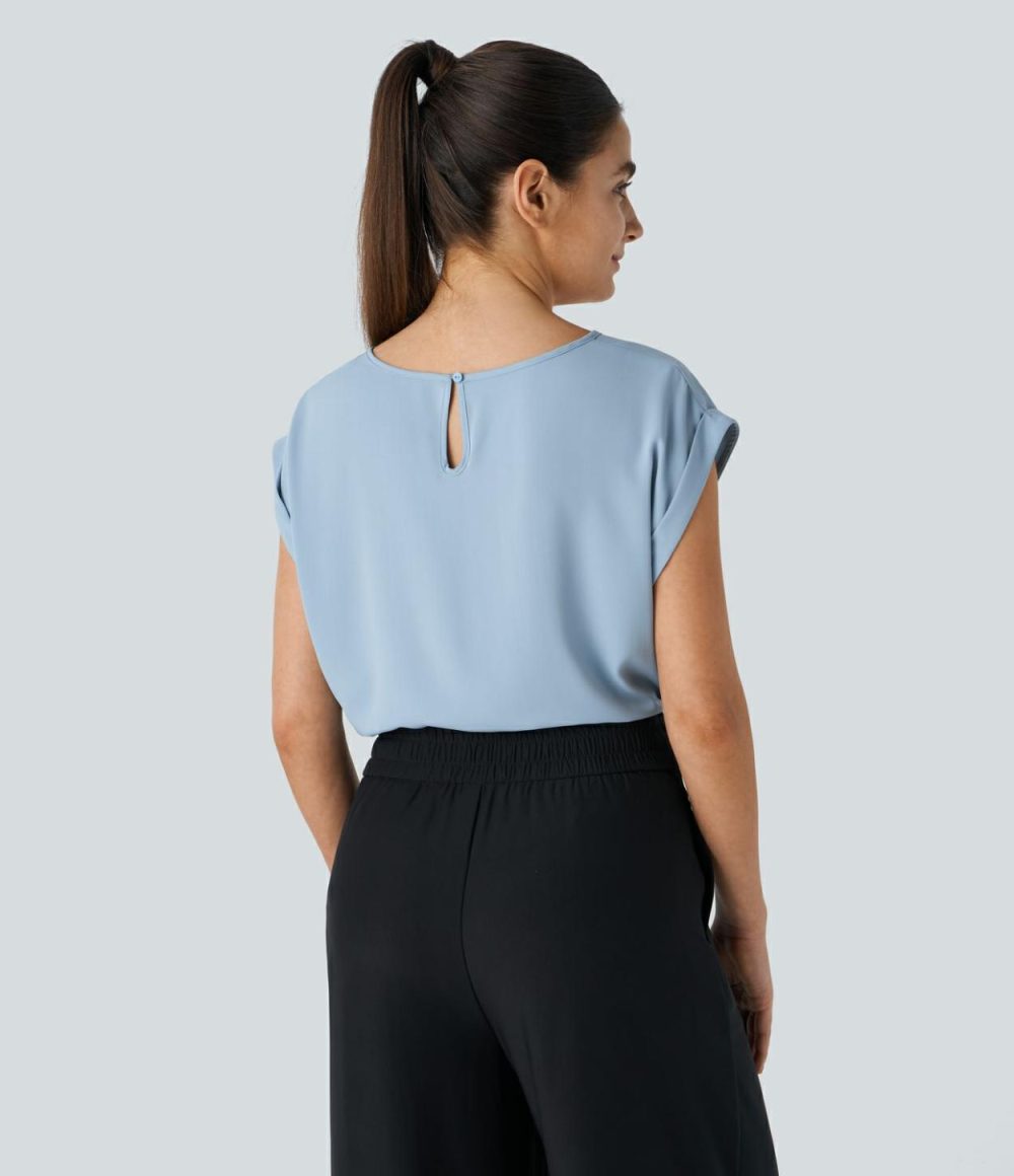 Plicated Button Keyhole Back Cap Sleeve Work Blouse  | Womens  T-Shirts Clothing Skyride/Black