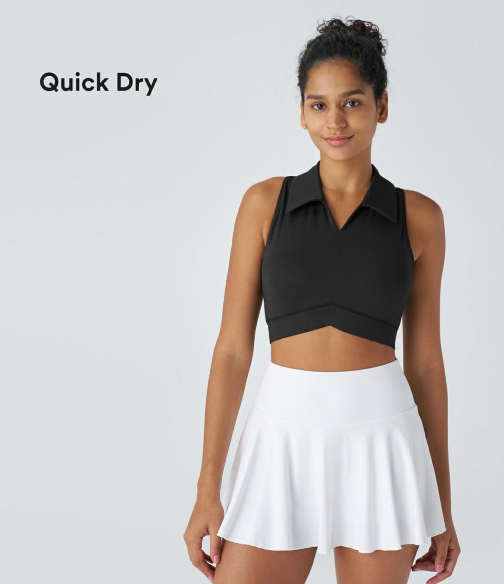 Polo Collar V Neck Backless Racerback Quick Dry Cropped Tennis Tank Top  | Womens  Cropped Tops Clothing Black/White