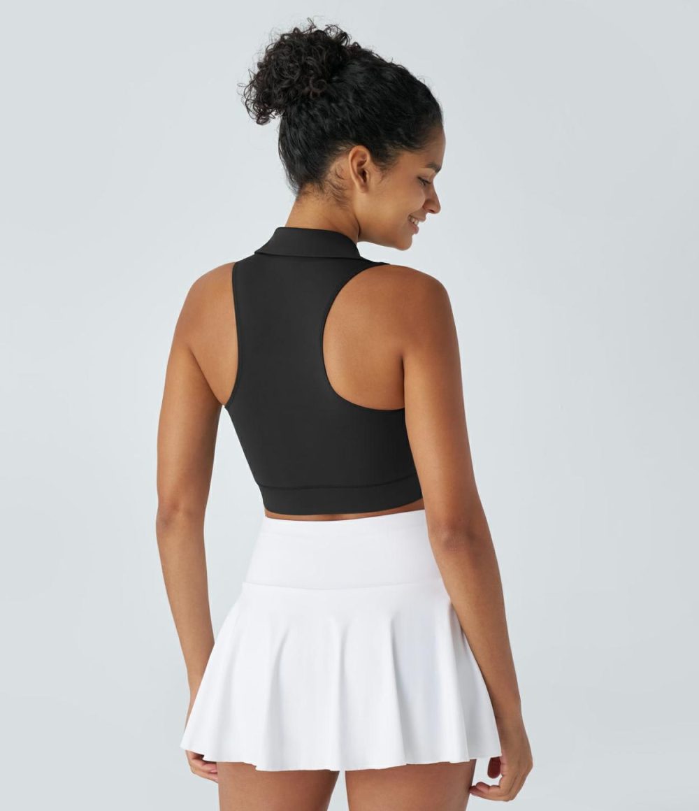 Polo Collar V Neck Backless Racerback Quick Dry Cropped Tennis Tank Top  | Womens  Cropped Tops Clothing Black/White