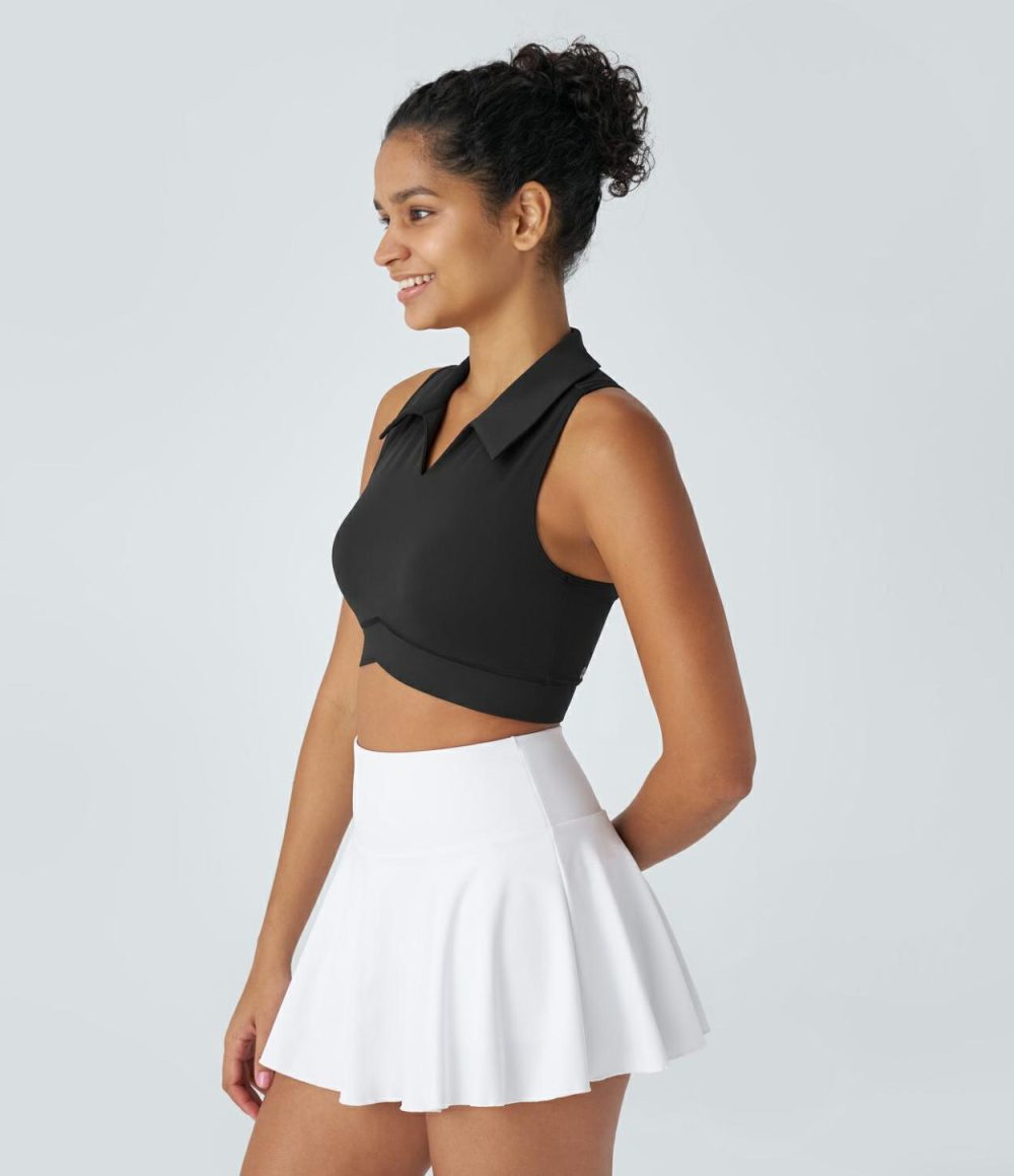 Polo Collar V Neck Backless Racerback Quick Dry Cropped Tennis Tank Top  | Womens  Cropped Tops Clothing Black/White