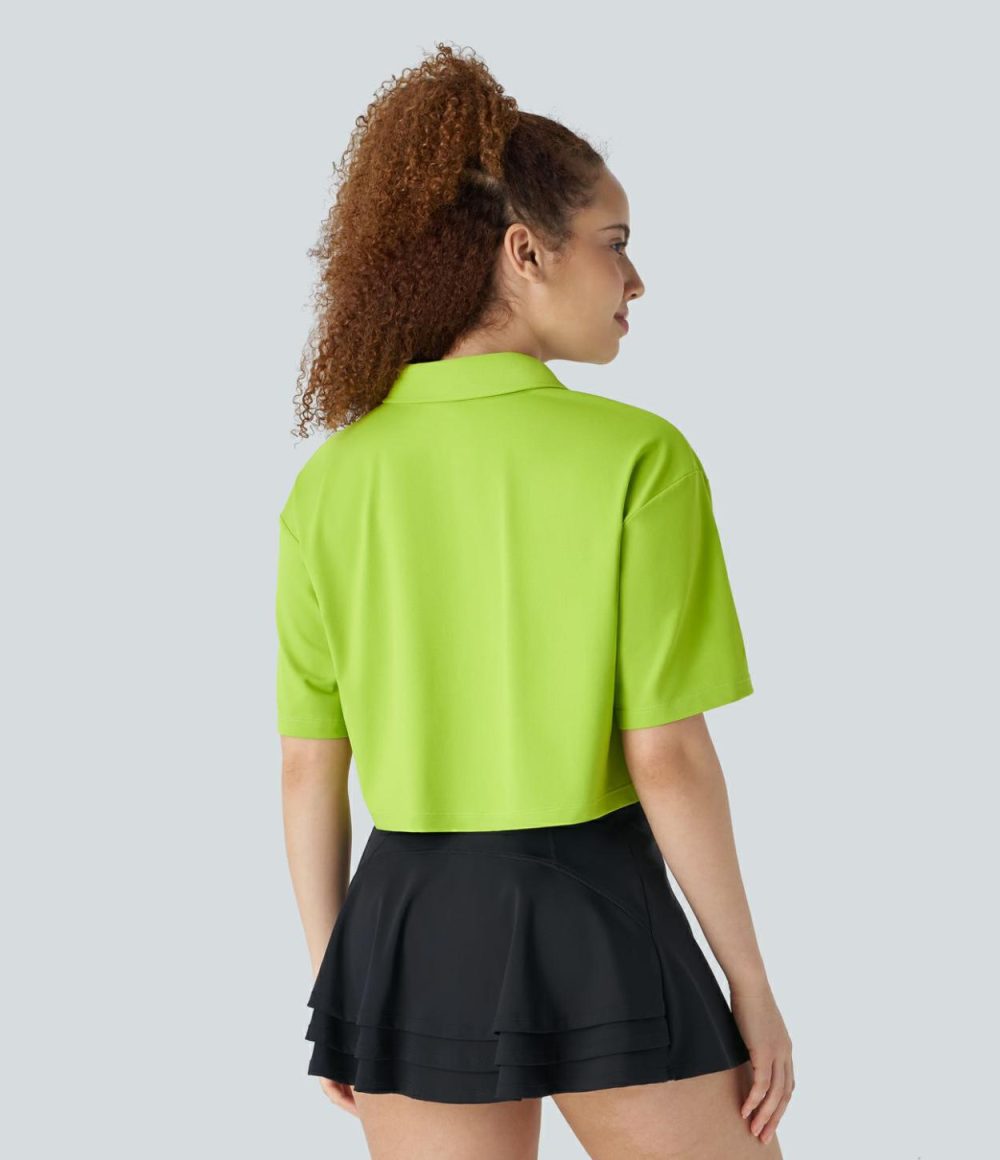 Polo Neck High Low Cropped Tennis Sports Top  | Womens  Sports Tops Clothing Macaw Green/White