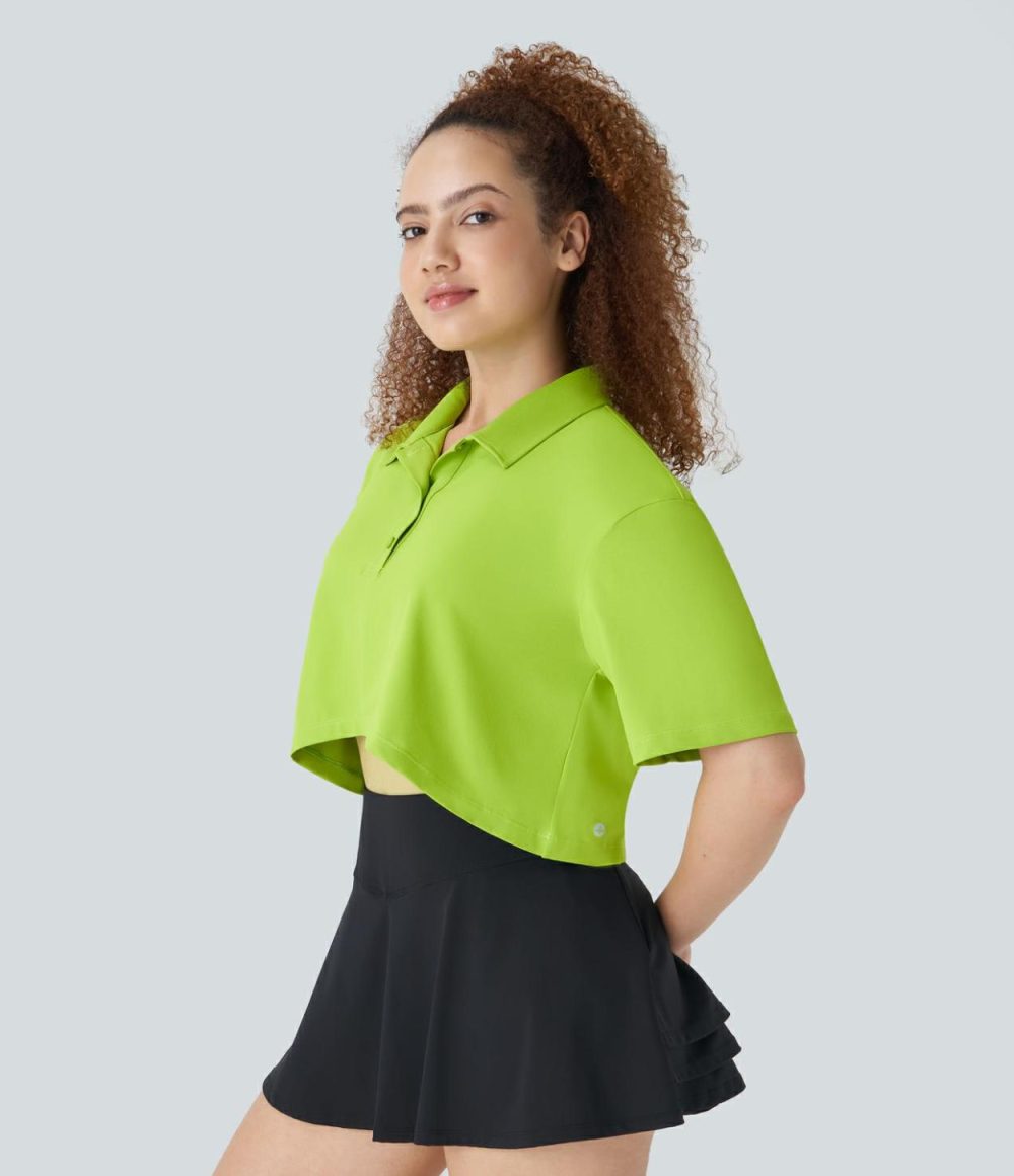 Polo Neck High Low Cropped Tennis Sports Top  | Womens  Sports Tops Clothing Macaw Green/White