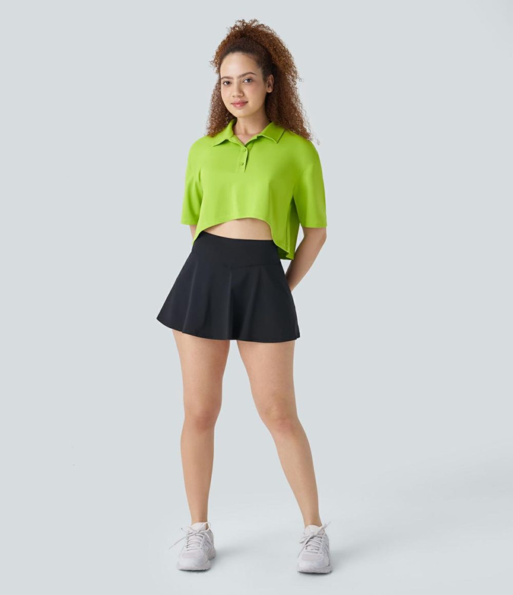 Polo Neck High Low Cropped Tennis Sports Top  | Womens  Sports Tops Clothing Macaw Green/White