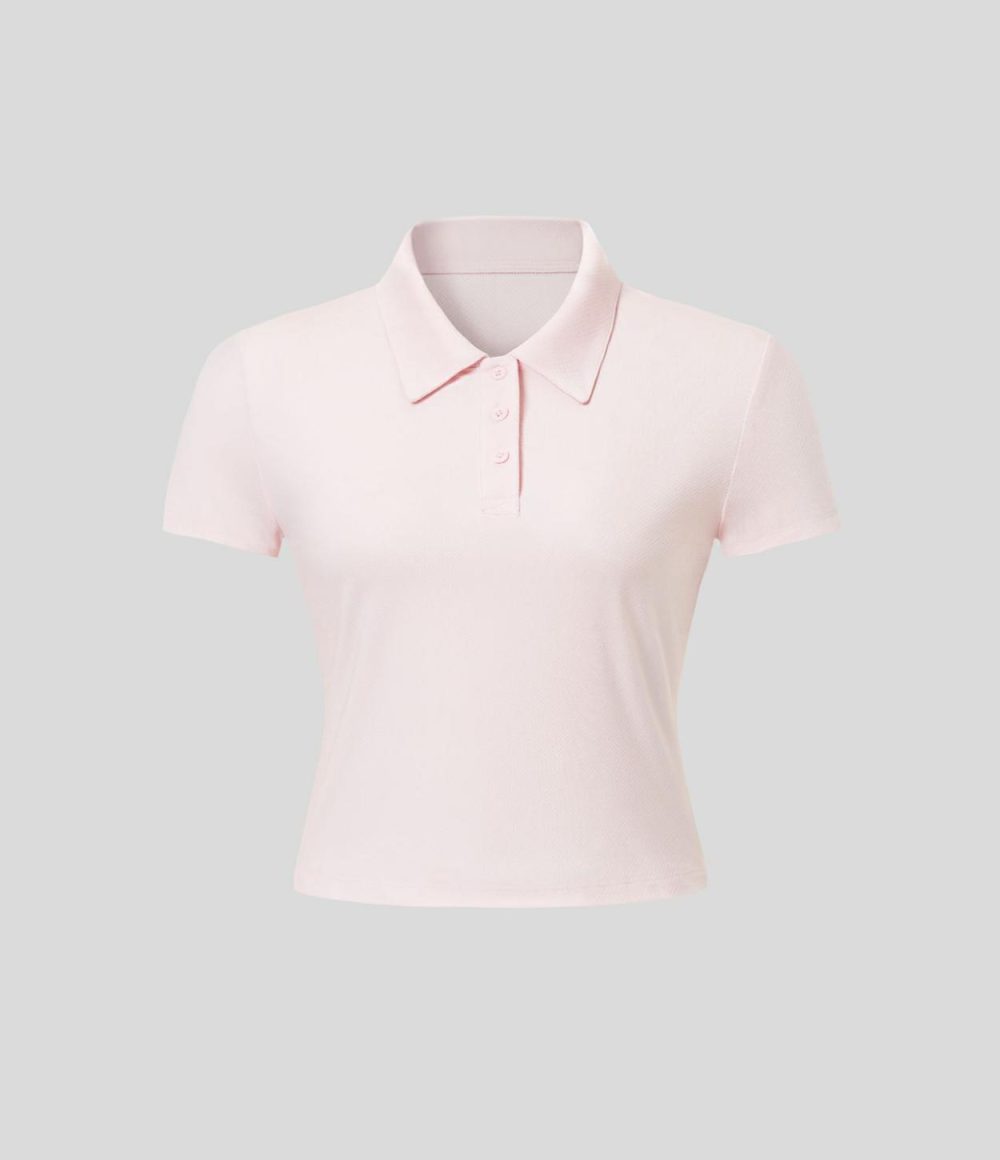 Polo Neck Short Sleeve Tennis Sports Top  | Womens  Sports Tops Clothing Heavenly Pink/Black/Grey