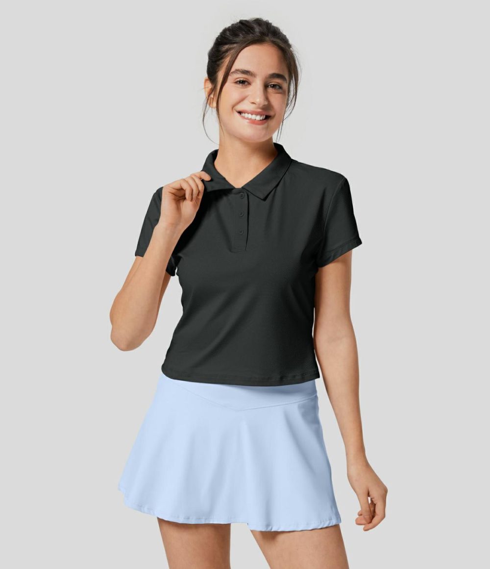 Polo Neck Short Sleeve Tennis Sports Top  | Womens  Sports Tops Clothing Heavenly Pink/Black/Grey