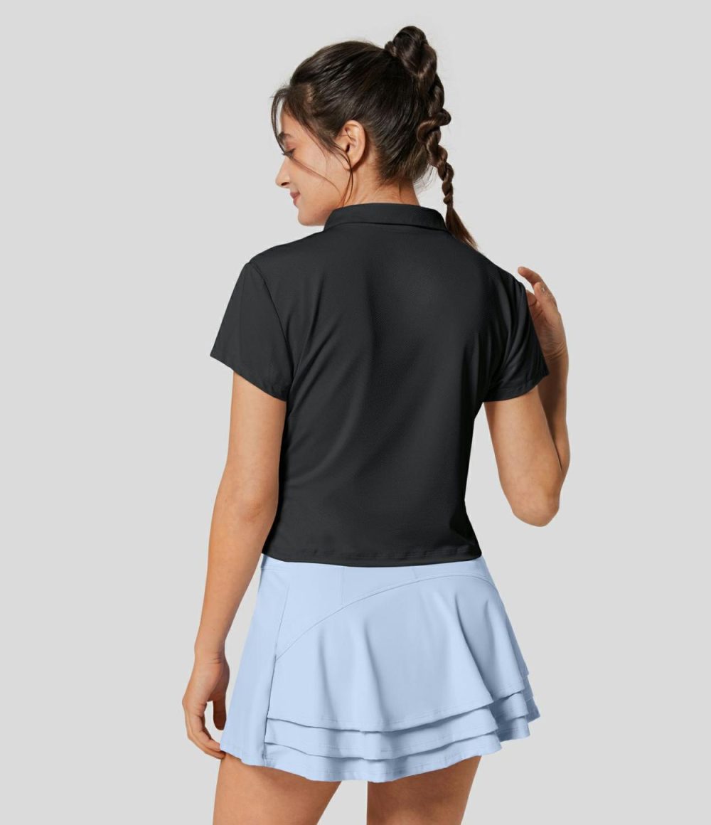 Polo Neck Short Sleeve Tennis Sports Top  | Womens  Sports Tops Clothing Heavenly Pink/Black/Grey