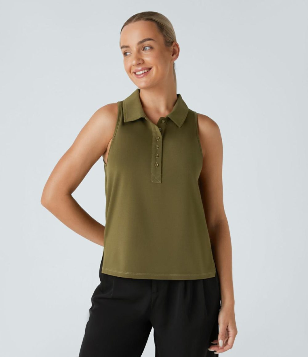 Polo Neck Split Hem Work Tank Top  | Womens  T-Shirts Clothing Nutria/Black