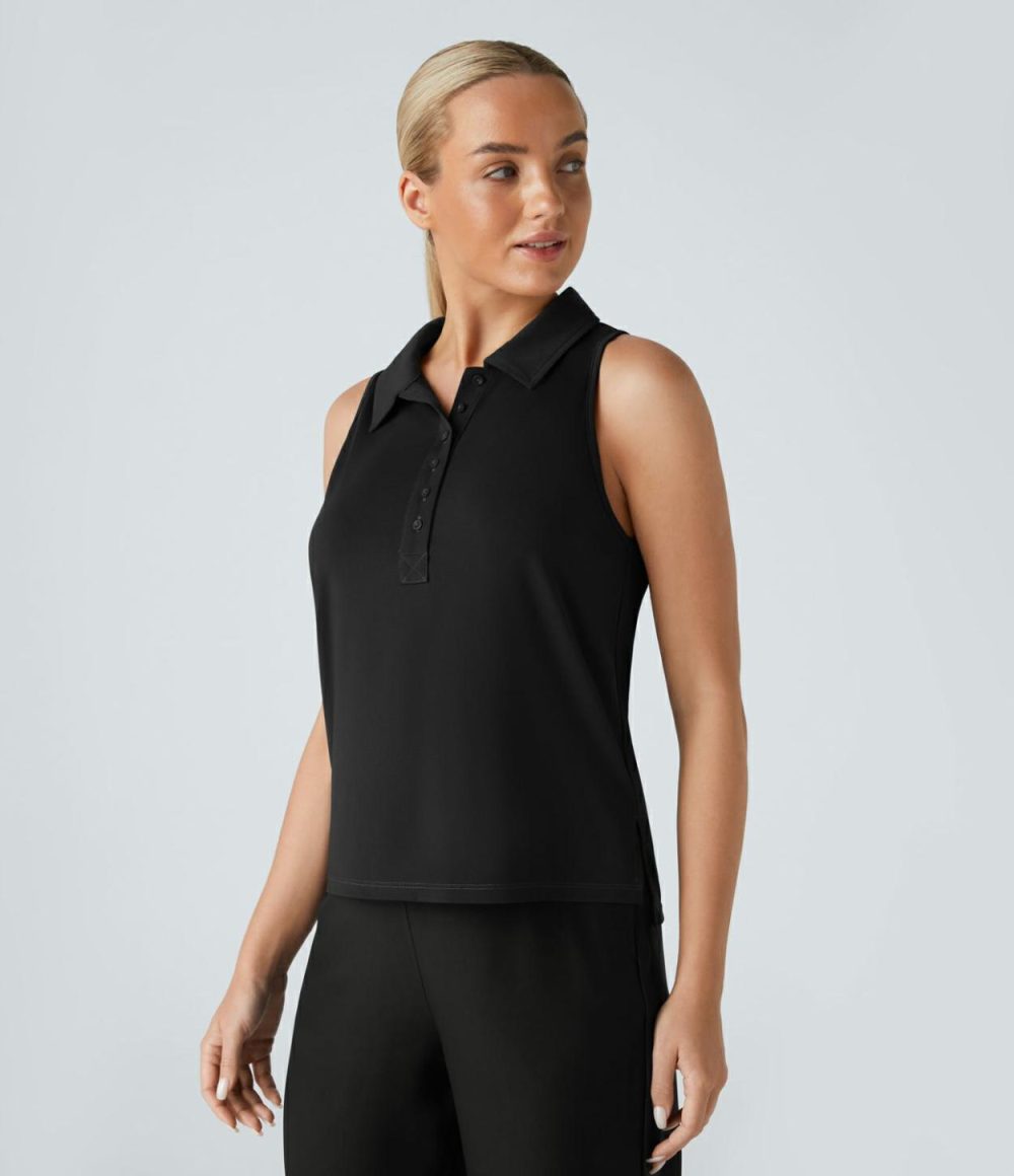 Polo Neck Split Hem Work Tank Top  | Womens  T-Shirts Clothing Nutria/Black