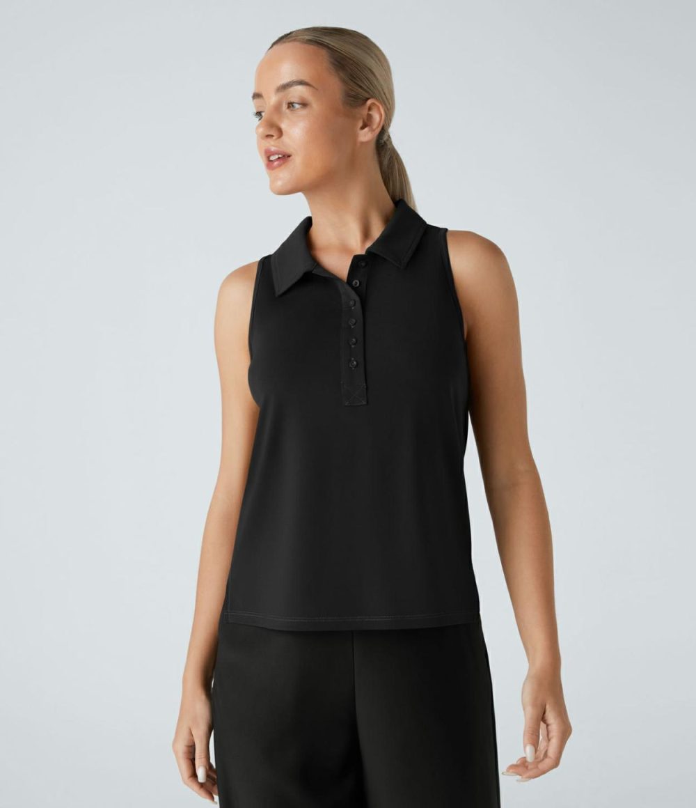 Polo Neck Split Hem Work Tank Top  | Womens  T-Shirts Clothing Nutria/Black