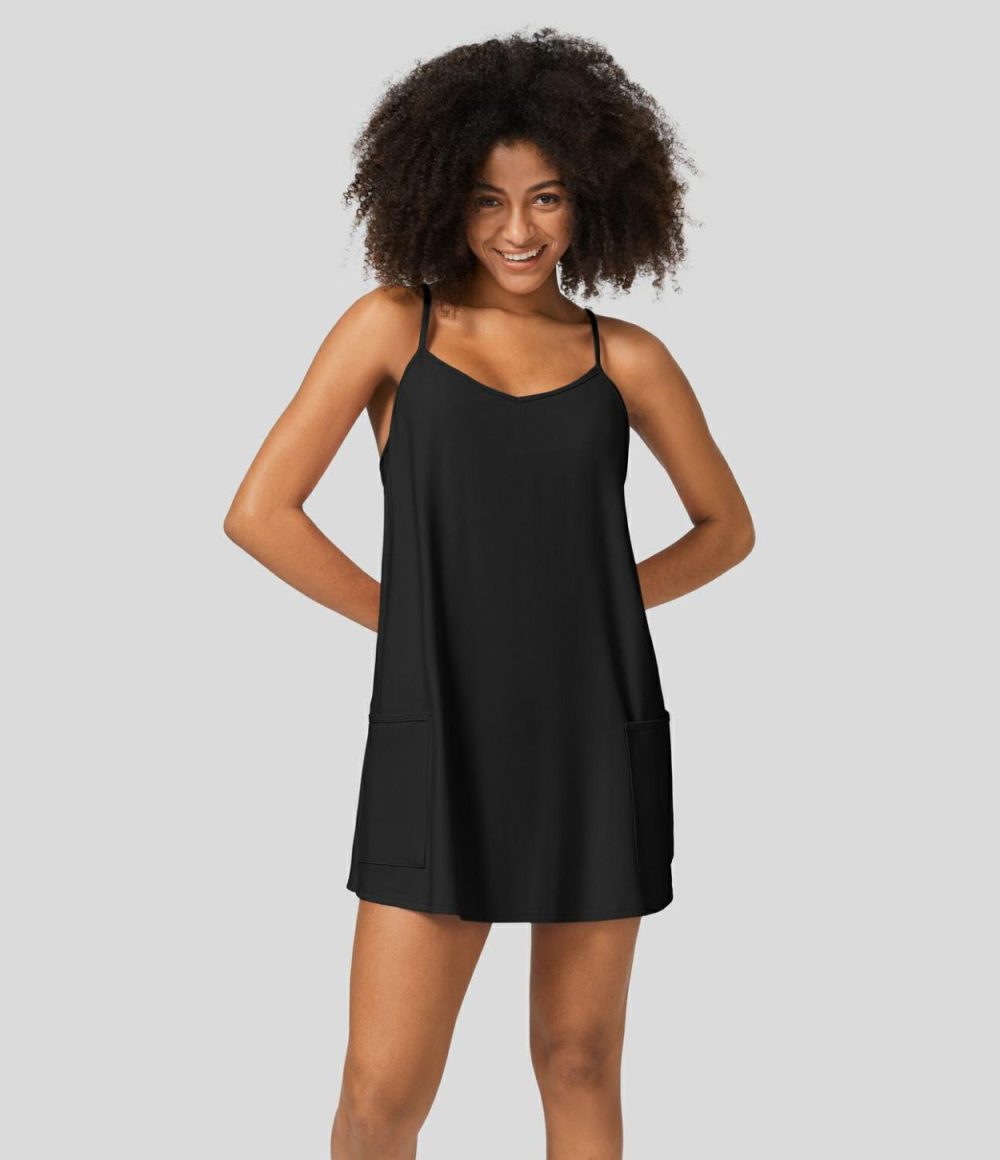 Racerback Built-in Bra Side Pocket 2-Piece Mini Slip Active Dress  | Womens  Active Dresses Active Dresses Active Dresses