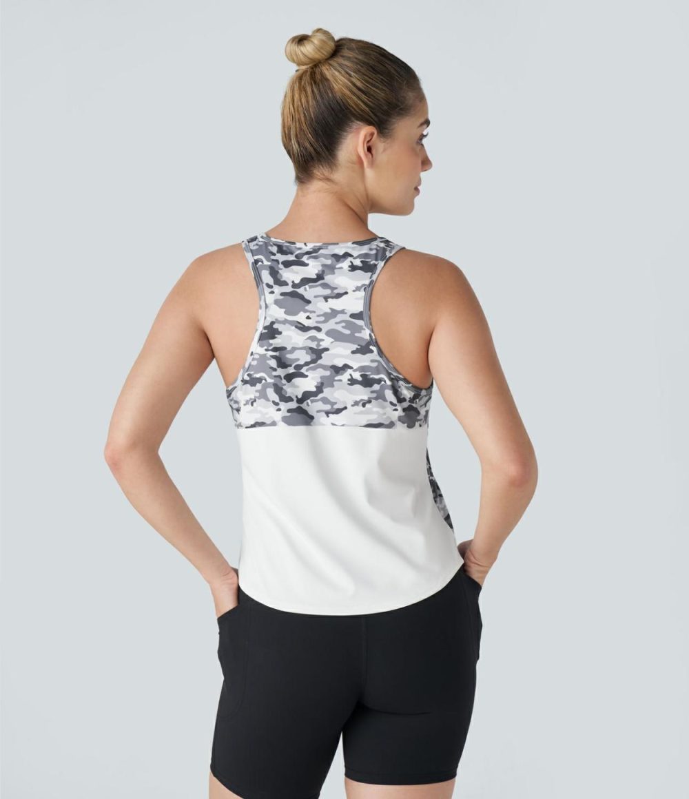 Racerback Curved Hem Camo Print Patchwork Pickleball Tank Top  | Womens  Curved Hem Tops Clothing Curved Hem Tops