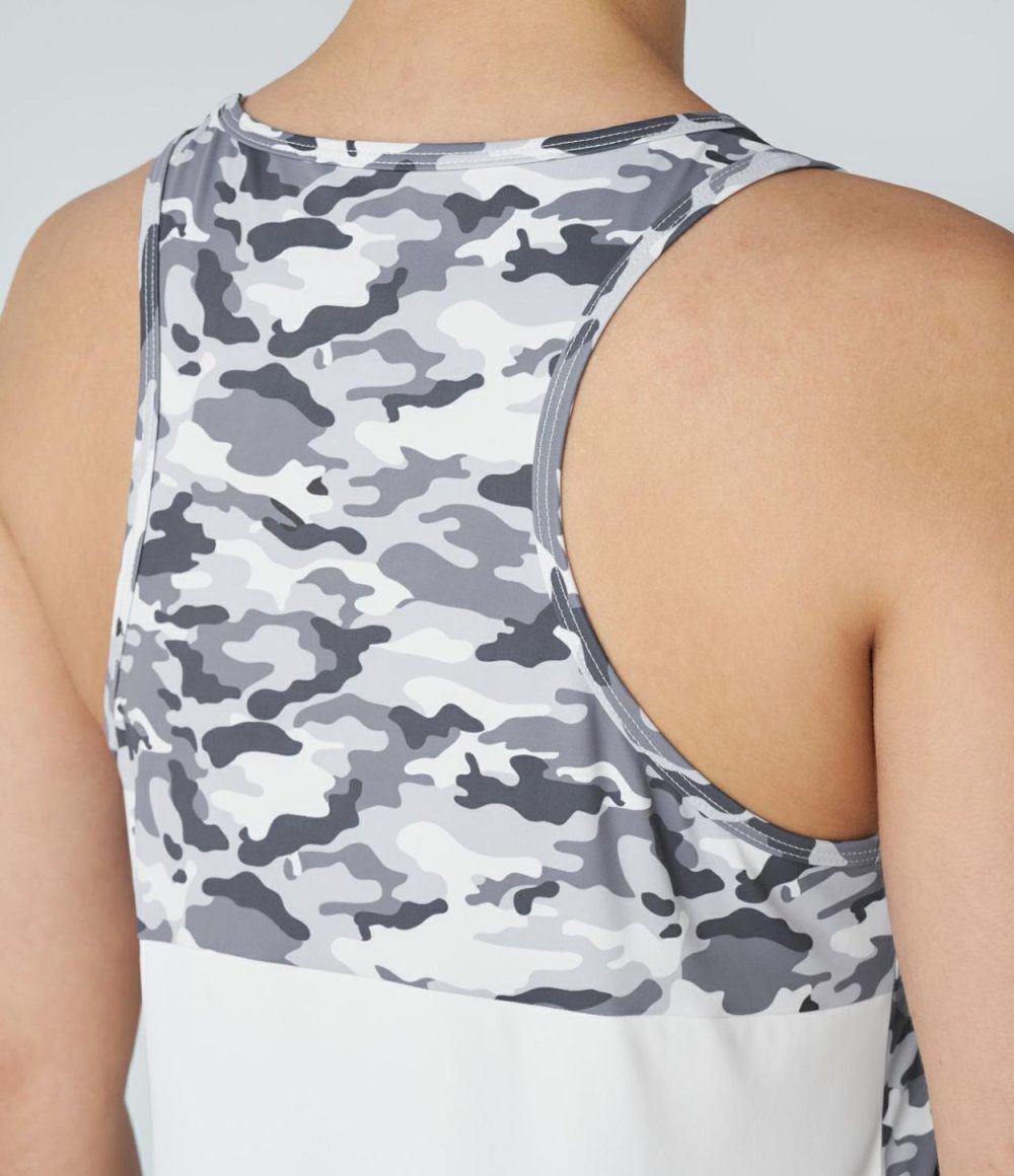 Racerback Curved Hem Camo Print Patchwork Pickleball Tank Top  | Womens  Curved Hem Tops Clothing Curved Hem Tops