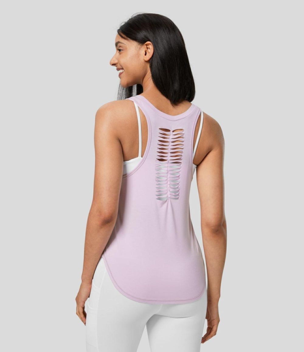 Racerback Ripped High Low Curved Hem Yoga Tank Top  | Womens  Curved Hem Tops Clothing Curved Hem Tops