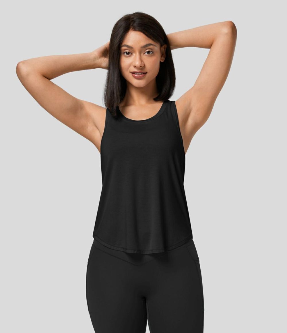 Racerback Ripped High Low Curved Hem Yoga Tank Top  | Womens  Curved Hem Tops Clothing Curved Hem Tops