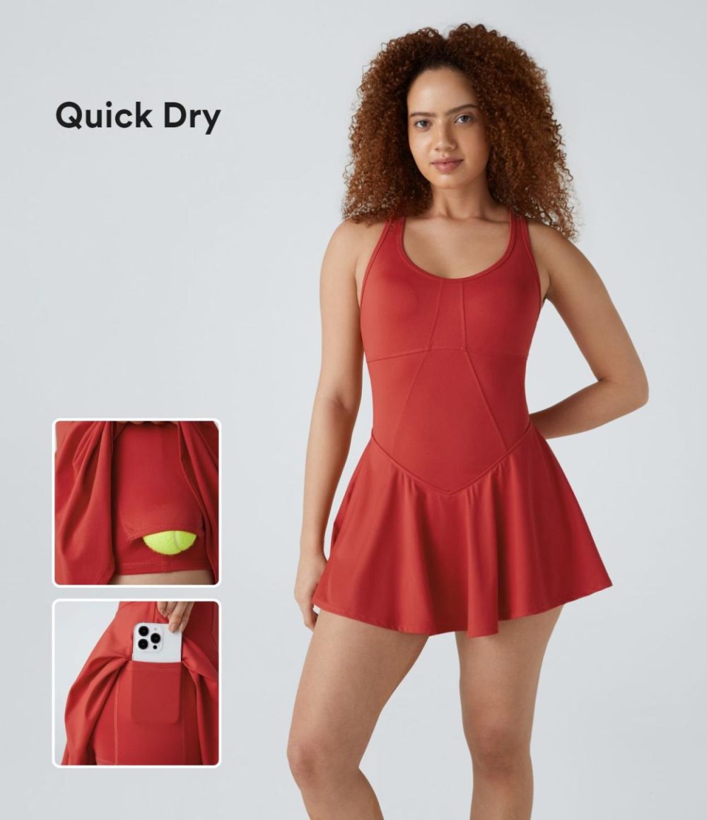 Racerback U Neck 2-in-1 Side Pocket Flare Hem Quick Dry Micro Mini Tennis Active Dress  | Womens  Active Dresses Active Dresses Active Dresses